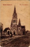 1909 Munkács, Mukacheve, Mukacevo; Római katolikus templom, üzlet. W. L. 1167. / Catholic church, shop (kopott sarkak / worn corners)