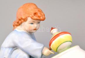 Zsolnay búgócsigás kislány figura, kézzel festett, jelzett,  hibátlan, 12,5x16 cm + Hungária Kerámia...