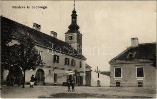 1915 Ludbreg, utcakép, templom, S. Weinrebe üzlete. Ivan Rechnitzer kiadása / street view, church, shop of Weinrebe