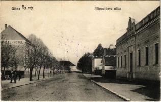1917 Glina, Filipoviceva ulica, Hrvatski dom / utca, szálloda, Horvát népház. Ivan Rechnitzer kiadása / street view, hotel, Croatian National House (EK)