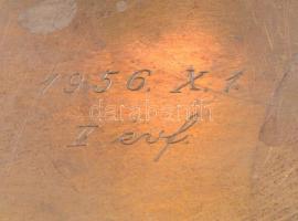 Alpakka tálca, "1956. X. 1. II. évf." gravírozással, jelzett, foltokkal, kopásokkal, 23x37...