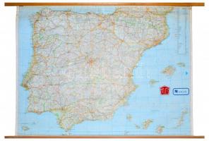 cca 1960-1970 Spanyolország nagyméretű, felcsavarható térképe, 1:1 000 000, Kümmerly et Frey, a hátulján német, francia, és spanyol nyelvű információkkal, kis szakadással, foltokkal, 89,5x128,5 cm
