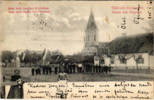 1905 Bogáros, Bulgarus; Római katolikus templom és plébánia, magyar zászlók / street view, Catholic church and parish, Hungarian flags (fl)