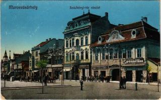 1914 Marosvásárhely, Targu Mures; Széchenyi tér, Vasváry és Halász, Háry Géza, Hubner Lajos, Benjamin Adolf, József Emil üzlete, Takarékpénztár, lovaskocsik. Porjes S. Sándor kiadása / square, shops, savings bank, horse-drawn carriages (EK)