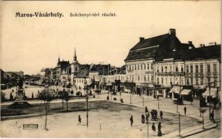 1914 Marosvásárhely, Targu Mures; Széchenyi tér, Adi Árpád Kossuth nyomdája, Márványi, Lőrincz üzlete, piac, Páll Miklós motor erőre berendezett késműves és műköszörűs üzlete reklámja. Révész Béla kiadása / square, printing house, shops