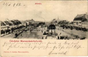 1902 Marosvásárhely, Targu Mures; Fő tér, üzletek, piac. Petróczy G. kiadása / main square, shops, market vendors (EK)
