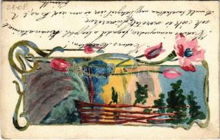 1904 Art Nouveau hand-painted art postcard / Szecessziós kézzel festett egyedi képeslap