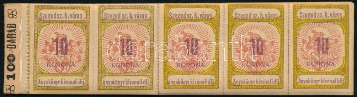 1920 Szeged városi 10K okmánybélyeg füzet maradvány, benne 14 lap, rajtuk az eltérések