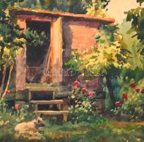 Mendlik Lajos (1903-1985): Virágzó kert. Akvarell, papír, jelzett, lap szélén szakadással, 24×30,5 c...