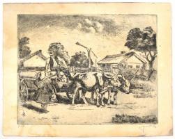 Olvashatatlan jelzéssel: Ökrös szekér. Rézkarc, papír, datált (1938), szakadásokkal, foltos 19×24 cm