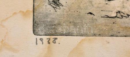 Olvashatatlan jelzéssel: Ökrös szekér. Rézkarc, papír, datált (1938), szakadásokkal, foltos 19×24 cm