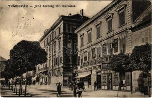 1911 Temesvár, Timisoara; Belváros, Jenő herceg tér, Temesvári Kereskedelmi Részvénytársaság, üzletek. Gerő Manó kiadása / street view, shops, bank