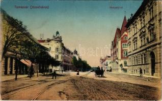 Temesvár, Timisoara; Hunyadi út, villamospálya, üzletek. L. & P. 3912. / street view, tramway, shops (EB)