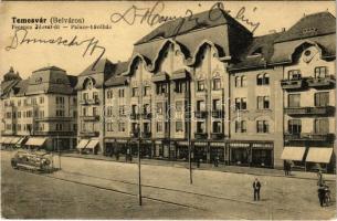 Temesvár, Timisoara; Belváros, Ferenc József út, Palace kávéház, villamos, üzletek / street view, café, tram, shops (EK)