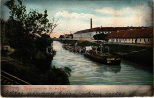 1912 Temesvár, Timisoara; Béga részlet és dohánygyár, uszályok, híd. Káldor Zs. és Társa kiadása / Bega riverside, tobacco factory, barges, bridge