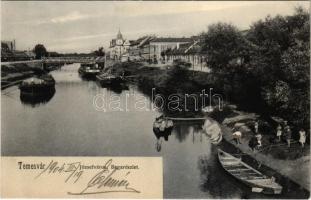 1904 Temesvár, Timisoara; Józsefvárosi Béga részlet, csónakok, uszályok, híd. Uhrmann Henrik 780. / Iosefin, Bega riverside, boats, barges, bridge