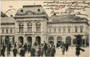 1909 Eger, városháza, piac, gyógyszertár, Lázár Jónás és társa üzlete