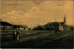 1907 Pilis, Piac tér, templom, üzlet. W. L. 1369. (fl)