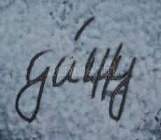 Bodrogkeresztúri mázas kerámia tál, jelzett, kézzel festett és matricás, apró lepattanással, d: 16,5...