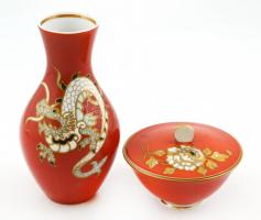 Germany aranyozott, sárkány mintás porcelán váza, kézzel festett, jelzett, kopásokkal, m: 17 cm + Germany aranyozott, virág mintás porcelán cukortartó, kézzel festett, jelzett, kopásokkal, m: 6 cm, d: 11 cm