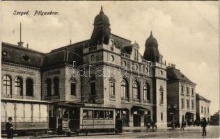 1915 Szeged, Pályaudvar, vasútállomás, villamos Glöckner reklámjával. Juhász István kiadása