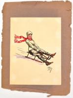 Olvashatatlan jelzéssel: Szánkózó. Akvarell, tus, papír, papírra kasírozva, datált (921), 23,5x17,5 ...