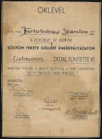 1938 Bp., A Fotóélet folyóirat Sólyom Fekete Gellért Emlékpályázatának Liebmann-díj névre szóló oklevele, hátulján plakát részlettel
