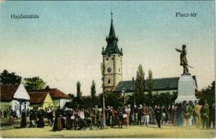 Hajdúnánás, Piac tér árusokkal, Református templom, Kossuth Lajos szobor, Horovitz J. Gyula üzlete és saját kiadása (EK)