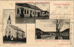 1906 Rétság, Római katolikus templom, Járásbíróság, Bosskó Antal vendéglője, étterem, Szolgabíróság, Szabó Ferenc vendéglője, Adler Izidor üzlete és saját kiadása. Nädler József fényképész felvétele (ragasztónyom / glue mark)