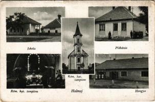 1951 Halmaj, Iskola, Plébánia, Római katolikus templom, belső, Hangya Szövetkezet üzlete és saját kiadása (EB)