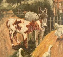 Jelzés nélkül: Udvar állatokkal. Olaj, karton, díszes fa keretben, 26x20,5 cm