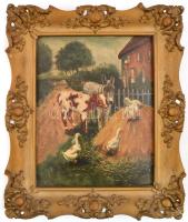 Jelzés nélkül: Udvar állatokkal. Olaj, karton, díszes fa keretben, 26x20,5 cm