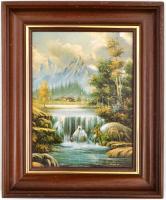 Nuraska jelzéssel: Tájkép, horgásszal. Olaj, farost. Jelzett. 24x18 cm Keretben