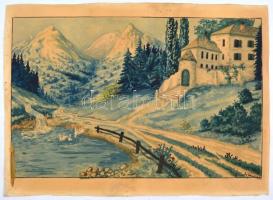 Károly János 950 jelzéssel: Hegyvidéki táj. Akvarell, papír, lap alja foltos, 29x39 cm