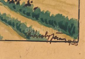 Károly János 950 jelzéssel: Hegyvidéki táj. Akvarell, papír, lap alja foltos, 29x39 cm