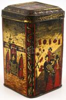 Régi fém teásdoboz, keleti motívumokkal, horpadással, kopottas állapotban, 12×7×7 cm