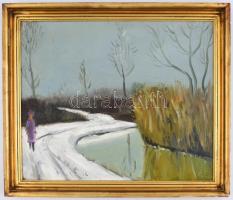 Fehér László jelzéssel: Séta a hóban. Olaj, farost, fa keretben. 40x50 cm