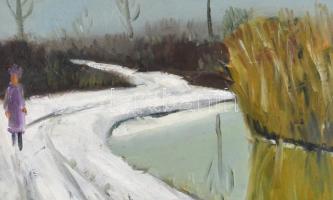 Fehér László jelzéssel: Séta a hóban. Olaj, farost, fa keretben. 40x50 cm
