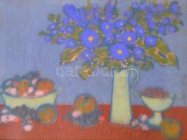 Böhm Lipót Poldi (1916-1995): Csendélet virágokkal és gyümölcsökkel. Pasztell, papír, jelzett, üvegezett fa keretben, 60×80 cm