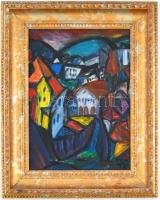 Kádár jelzéssel: Hegyvidéki város. Olaj, farost, díszes fa keretben. 40x30 cm