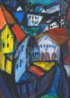 Kádár jelzéssel: Hegyvidéki város. Olaj, farost, díszes fa keretben. 40x30 cm