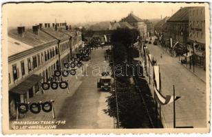 1938 Maribor, Marburg an der Drau; Mariborski Teden 20 Let Jugoslavije / Maribor Week, decorated street. L. Kieser photo