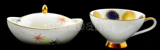 Gránit porcelán cukortartó, kézzel festett, jelzett, kopással 8x14 cm + Scherzer Bavaria Germany porcelán csésze, matricás, jelzett, apró kopásokkal, lepattanással, m: 6 cm, d: 10 cm