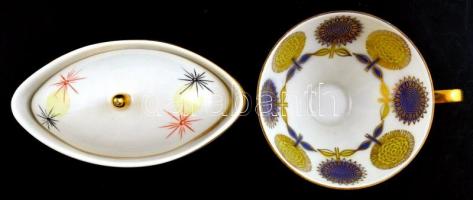 Gránit porcelán cukortartó, kézzel festett, jelzett, kopással 8x14 cm + Scherzer Bavaria Germany por...