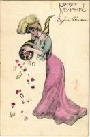 Prosit Neujahr! / New Year greeting, Art Nouveau lady