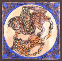 Jelzés nélkül: Ágaskodó lovak, tűzzománc, réz, fa alapon, 16×16 cm