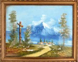 Jelzés nélkül: Táj feszülettel. Tempera, papír, Üvegezett keretben. 25x32 cm