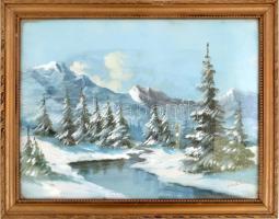 Vadkerti jelzéssel: Téli táj. Tempera, papír, Üvegezett keretben. 25x32 cm