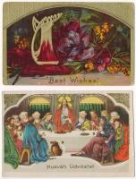 15 db RÉGI motívum képeslap: köztük lithok, dombornyomott és kézzel festett / 15 pre-1945 art motive postcards: with some lithos, embossed and hand-painted