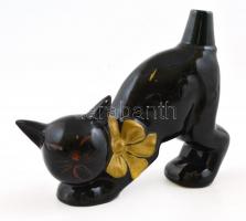 Fekete mázas kerámia macska kiöntő, kopásokkal, lepattanásokkal 15,5x17 cm